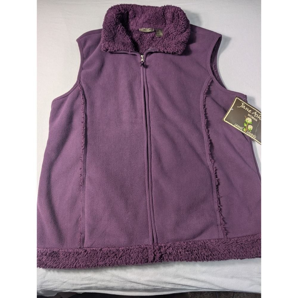 Jane Ashley Woman Purple Fleece Vest Faux Shearling Trim Full Zip Size 1X NWT